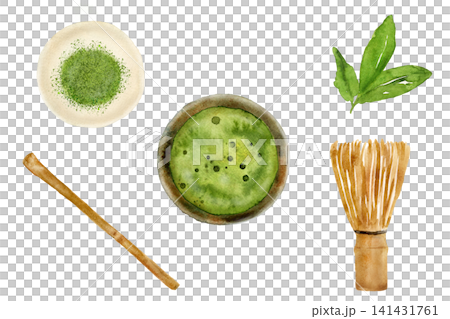 抹茶と茶道の道具(茶碗・茶筅・茶杓・粉茶)の手描き水彩画イラスト素材セット 抹茶と茶道の道具(茶碗・茶筅・茶杓・粉茶)の手描き水彩画イラスト素材セット 141431761
