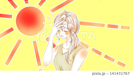 暑そうなタンクトップの女性　汗だく　頭に手　太陽 141431767