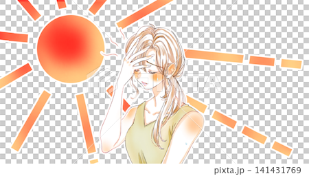 A woman in a tank top looks hot, drenched in sweat, with her hands on her head, facing the sun. A woman in a tank top looks hot, drenched in sweat, with her hands on her head, facing the sun. 141431769