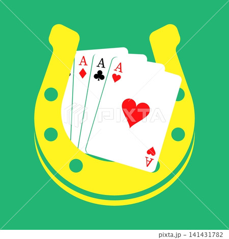 Highest combination of playing cards combined with the golden symbol of luck, golden horseshoe. Simple flat vector isolated on green background Highest combination of playing cards combined with the golden symbol of luck, golden horseshoe. Simple flat vector isolated on green background 141431782