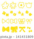 クレヨン素材 手描きのいろいろな花とリボンセット 141431809