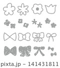 クレヨン素材 手描きのいろいろな花とリボンセット 141431811