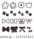 クレヨン素材 手描きのいろいろな花とリボンセット 141431812