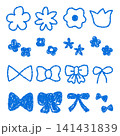 クレヨン素材 手描きのいろいろな花とリボンセット 141431839