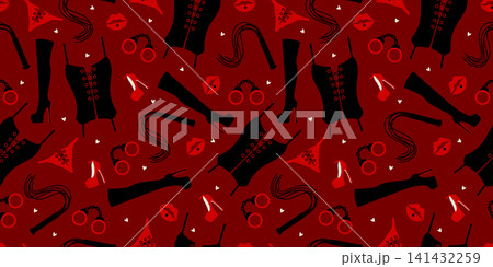 Seamless red fashion pattern with corsets, lips and whips. Red and black bold lingerie pattern with sexy accessories. Romantic seamless background with lips, gloves and lingerie Seamless red fashion pattern with corsets, lips and whips. Red and black bold lingerie pattern with sexy accessories. Romantic seamless background with lips, gloves and lingerie 141432259