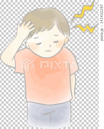 一個男孩因頭痛和發燒而摀著頭;圖示疾病、化學過敏和感染的症狀。 一個男孩因頭痛和發燒而摀著頭;圖示疾病、化學過敏和感染的症狀。 141432297