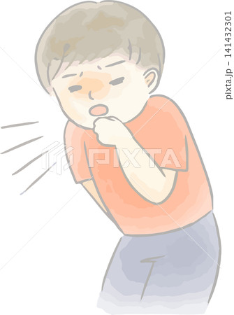 咳き込んで苦しそうな表情の子どものイラスト　感染症や化学物質過敏症 141432301