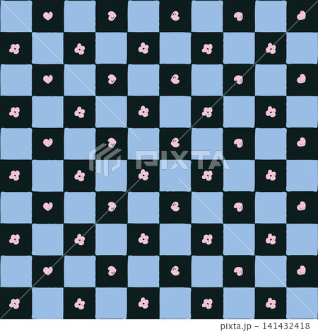 Seamless hand drawn blue and black checkerboard pattern with cute pink hearts and flowers. Vector grid checkered background for Y2K aesthetic fabric textile, phone case, trendy wallpaper design. Seamless hand drawn blue and black checkerboard pattern with cute pink hearts and flowers. Vector grid checkered background for Y2K aesthetic fabric textile, phone case, trendy wallpaper design. 141432418