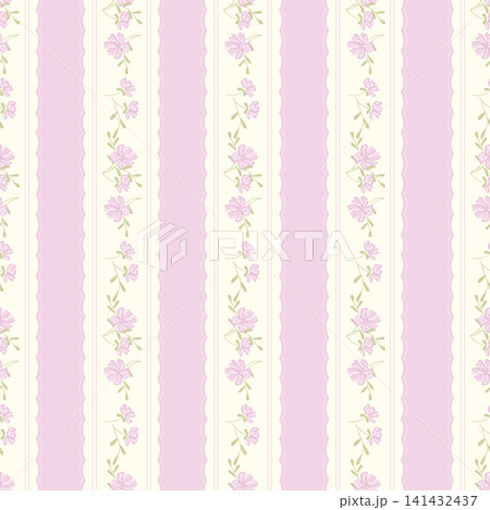 Cute floral seamless pattern background with pink and white vertical stripes. Elegant hand drawn flowers, french country aesthetic wallpaper, vintage cottagecore fabric, wrapping paper design. 141432437