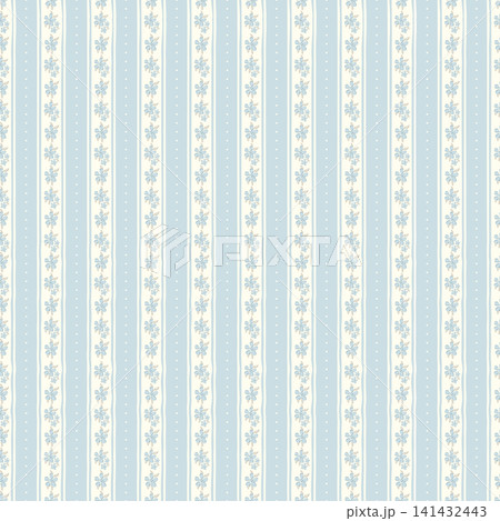 Cute floral seamless pattern background with fine blue and white vertical stripes. Tiny hand drawn flowers, french country aesthetic wallpaper, vintage cottagecore fabric wrapping paper design. 141432443