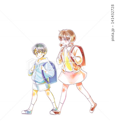 並んで歩く笑顔の男女の児童 お姉さん 並んで歩く笑顔の男女の児童 お姉さん 141432728