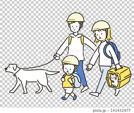 一家人帶著寵物撤離的插圖。 一家人帶著寵物撤離的插圖。 141432977