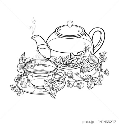 Strawberry Tea in Teapot Outline Illustration. Strawberry Tea in Teapot Outline Illustration. 141433217