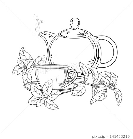 Stevia Tea in Teapot Outline Illustration. 141433219