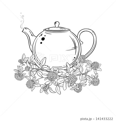 Clover Tea in Teapot Outline Illustration. 141433222