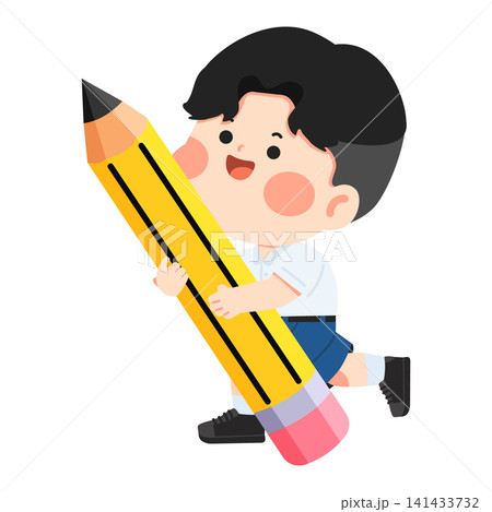 Boy Holding Large Yellow Pencil Boy Holding Large Yellow Pencil 141433732