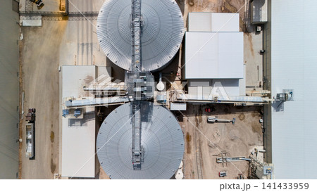 Top Down Aerial View Of Circular Grain Storage Silos Top Down Aerial View Of Circular Grain Storage Silos 141433959