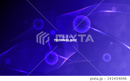 Abstract blue digital technology background with futuristic glowing wave lines, purple geometric sphere particles, cyber network light effect, dynamic flow banner for AI science business presentation. 141434046