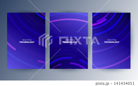Abstract blue digital technology cover template set with futuristic concentric circular neon lines, purple cyber network poster background, A4 brochure layout for business report presentation. Abstract blue digital technology cover template set with futuristic concentric circular neon lines, purple cyber network poster background, A4 brochure layout for business report presentation. 141434051