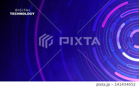 Abstract blue digital technology background with futuristic concentric circular neon lines, purple cyber network speed rings HUD banner with copy space for AI science business presentation. Abstract blue digital technology background with futuristic concentric circular neon lines, purple cyber network speed rings HUD banner with copy space for AI science business presentation. 141434052