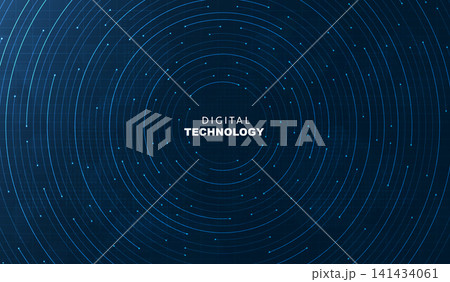 Abstract dark blue digital technology background with futuristic concentric circular circuit lines, glowing node connection points, cyber network HUD banner for AI science business presentation. Abstract dark blue digital technology background with futuristic concentric circular circuit lines, glowing node connection points, cyber network HUD banner for AI science business presentation. 141434061