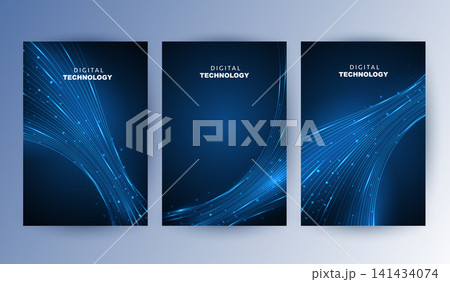 Abstract blue digital technology cover template set with futuristic glowing plexus network wave lines, cyber polygon poster background, A4 brochure layout for AI science business report presentation. Abstract blue digital technology cover template set with futuristic glowing plexus network wave lines, cyber polygon poster background, A4 brochure layout for AI science business report presentation. 141434074