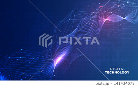 Abstract dark blue digital technology background with futuristic glowing plexus network wave lines, polygon wireframe mesh, cyber security banner for AI science big data business presentation. Abstract dark blue digital technology background with futuristic glowing plexus network wave lines, polygon wireframe mesh, cyber security banner for AI science big data business presentation. 141434075