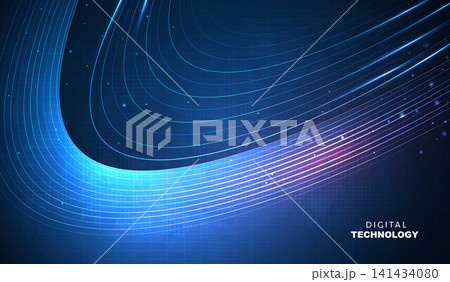 Abstract dark blue digital technology background with futuristic glowing curved wave lines, cyan neon light stream loop, high speed data transfer banner for cyber network business presentation. Abstract dark blue digital technology background with futuristic glowing curved wave lines, cyan neon light stream loop, high speed data transfer banner for cyber network business presentation. 141434080