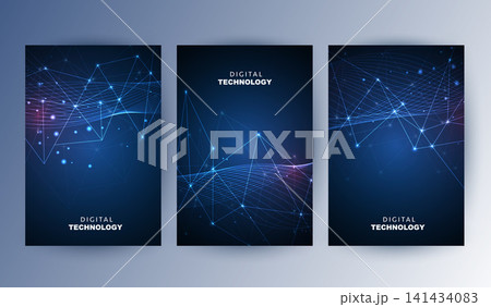 Abstract blue digital technology cover template set with futuristic glowing curved wave lines, cyan light flow poster background, A4 brochure layout for cyber network science business presentation. Abstract blue digital technology cover template set with futuristic glowing curved wave lines, cyan light flow poster background, A4 brochure layout for cyber network science business presentation. 141434083