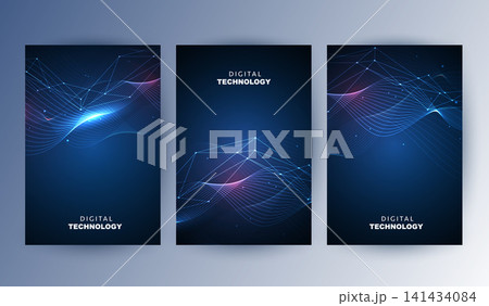 Abstract blue digital technology cover template set with futuristic glowing curved wave lines, cyan light flow poster background, A4 brochure layout for cyber network science business presentation. 141434084