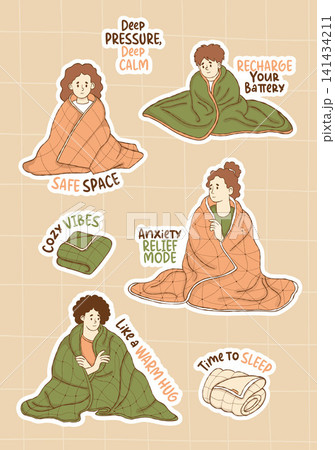 People Wrapped in Weighted Blanket. Sticker Pack. Autism Boy and Girl Sensory Heavy Quilt with Quotes Anti Stress Anxiety Relief Phrase. ADHD Kids Mental Health. Isolated Color Vector Illustration. 141434211