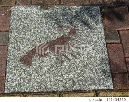 熊本県天草市牛深町、港町らしい歩道に描かれたイセエビのデザインタイル 熊本県天草市牛深町、港町らしい歩道に描かれたイセエビのデザインタイル 141434250