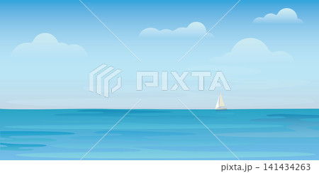 Tropical blue sea with clear sky have yacth and at skyline vector illustration. Seascape and blue sky flat design background. Tropical blue sea with clear sky have yacth and at skyline vector illustration. Seascape and blue sky flat design background. 141434263