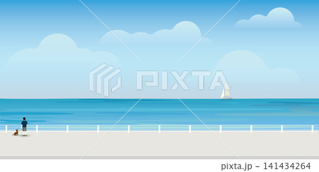 Man with his dog at seashore in summer. Seascape and blue sky flat design background. 141434264