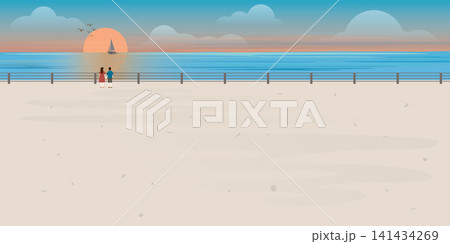 Couple of lover looking sunset at view point of ocean vector illustration. Landscape of coast beautiful sea shore with sunset flat design illustration. 141434269