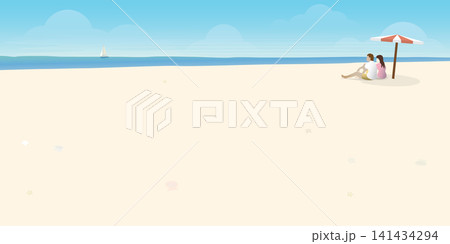 Seascape and blue sky have couple of lover sitting on the beach with umbrella flat design. Tropical beach, yacht and tourists vector illustration. Seascape and blue sky have couple of lover sitting on the beach with umbrella flat design. Tropical beach, yacht and tourists vector illustration. 141434294