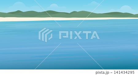 Seascape, white sand beach, mountains and blue sky flat design. Tropical beach with blank space vector illustration. 141434295