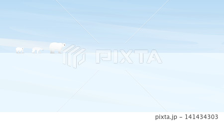 Polar bears family walking on ice in nebulous weather at North Pole vector illustration. Snow landscape concept with blank space. Polar bears family walking on ice in nebulous weather at North Pole vector illustration. Snow landscape concept with blank space. 141434303