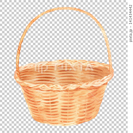 Straw basket. Watercolor illustration. Handmade art work. For packaging design, cards, cover, prints, product labels and fabric. Straw basket. Watercolor illustration. Handmade art work. For packaging design, cards, cover, prints, product labels and fabric. 141434442