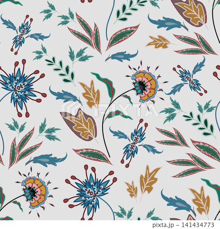 Floral seamless pattern, Flower chintz pattern seamless vector border print. Botanical batik background. Arabesque floral ornament motif for decoration fabric, women clothing, scarf, wallpaper design. Floral seamless pattern, Flower chintz pattern seamless vector border print. Botanical batik background. Arabesque floral ornament motif for decoration fabric, women clothing, scarf, wallpaper design. 141434773