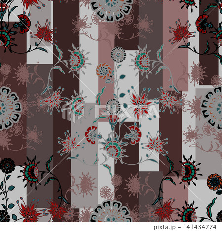 Floral seamless pattern, Flower chintz pattern seamless vector border print. Botanical batik background. Arabesque floral ornament motif for decoration fabric, women clothing, scarf, wallpaper design. 141434774
