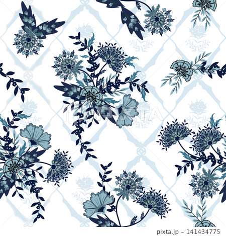 Floral seamless pattern, Flower chintz pattern seamless vector border print. Botanical batik background. Arabesque floral ornament motif for decoration fabric, women clothing, scarf, wallpaper design. Floral seamless pattern, Flower chintz pattern seamless vector border print. Botanical batik background. Arabesque floral ornament motif for decoration fabric, women clothing, scarf, wallpaper design. 141434775