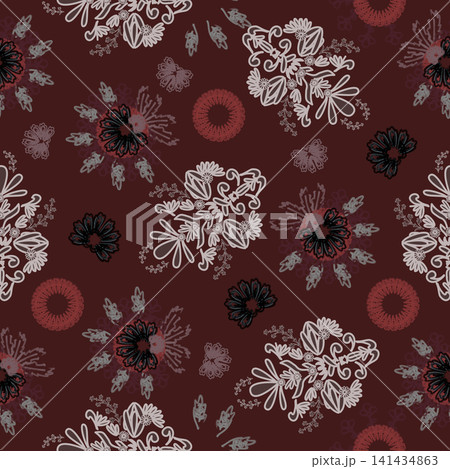 Floral seamless pattern, Flower chintz pattern seamless vector border print. Botanical batik background. Arabesque floral ornament motif for decoration fabric, women clothing, scarf, wallpaper design. 141434863