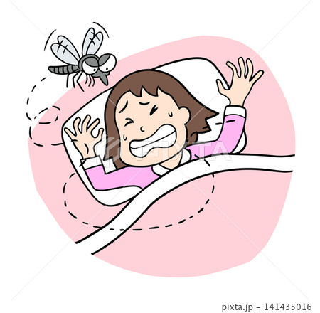 睡眠中に顔の周りを飛ぶ蚊の羽音に悩まされ寝苦しそうにしているコミカルな女性のイラス 睡眠中に顔の周りを飛ぶ蚊の羽音に悩まされ寝苦しそうにしているコミカルな女性のイラス 141435016