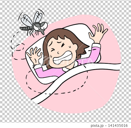 睡眠中に顔の周りを飛ぶ蚊の羽音に悩まされ寝苦しそうにしているコミカルな女性のイラス 睡眠中に顔の周りを飛ぶ蚊の羽音に悩まされ寝苦しそうにしているコミカルな女性のイラス 141435016