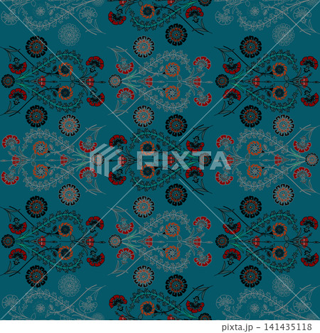 Floral seamless pattern, Flower chintz pattern seamless vector border print. Botanical batik background. Arabesque floral ornament motif for decoration fabric, women clothing, scarf, wallpaper design. Floral seamless pattern, Flower chintz pattern seamless vector border print. Botanical batik background. Arabesque floral ornament motif for decoration fabric, women clothing, scarf, wallpaper design. 141435118