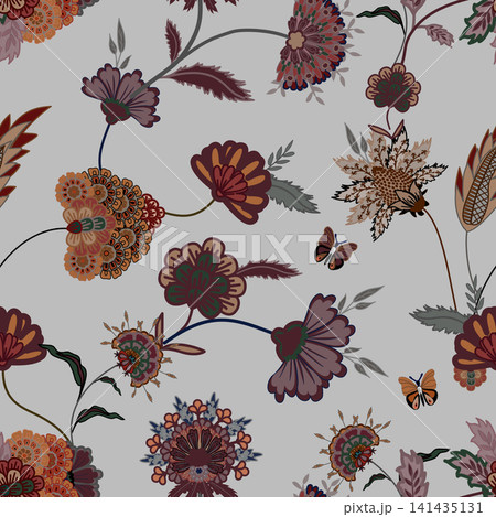 Floral seamless pattern, Flower chintz pattern seamless vector border print. Botanical batik background. Arabesque floral ornament motif for decoration fabric, women clothing, scarf, wallpaper design. 141435131