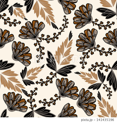 Floral seamless pattern, Flower chintz pattern seamless vector border print. Botanical batik background. Arabesque floral ornament motif for decoration fabric, women clothing, scarf, wallpaper design. 141435196