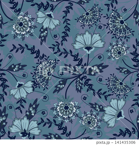 Floral seamless pattern, Flower chintz pattern seamless vector border print. Botanical batik background. Arabesque floral ornament motif for decoration fabric, women clothing, scarf, wallpaper design. 141435306