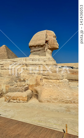 The Great Sphinx guards the pyramids of the pharaohs at Giza. 141436053